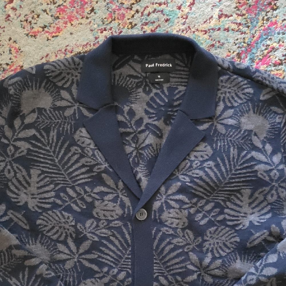Paul Fredrick Navy and Charcoal Floral Jacquard Cardigan - Picture 3 of 6